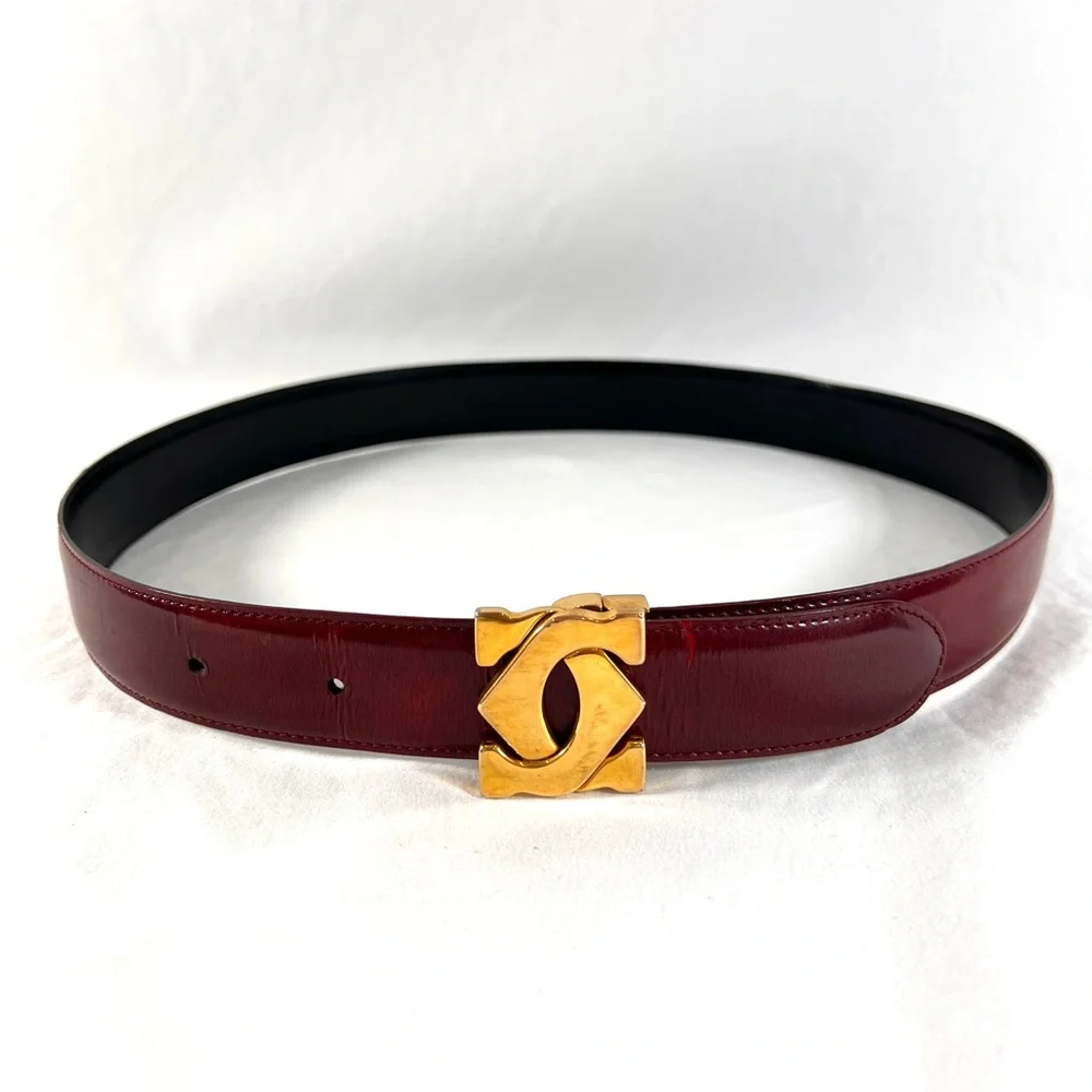 CARTIER Paris Burgundy and Black Leather Reversible Logo Belt Woman 28"/ 31" - Picture 1 of 10